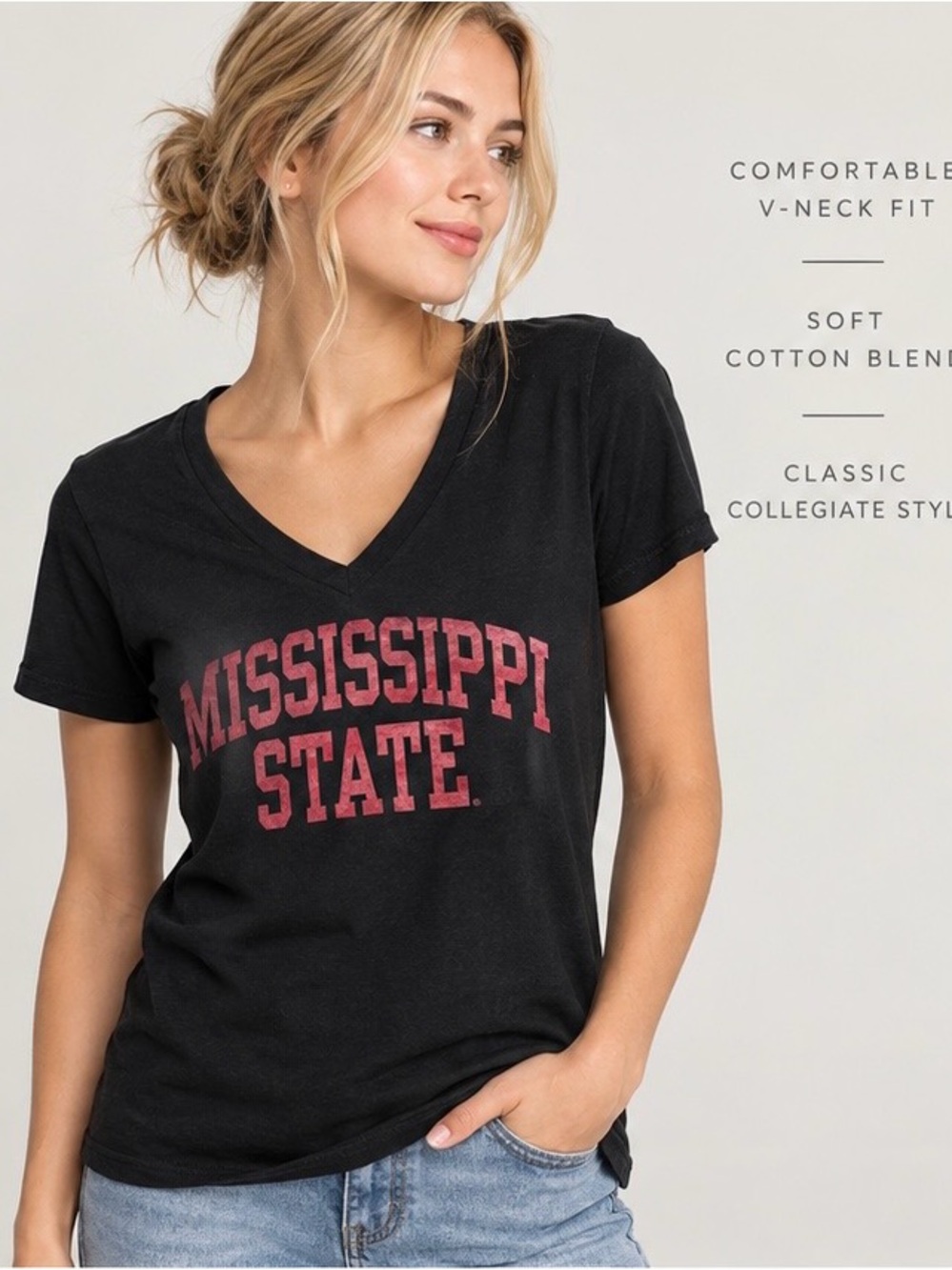 Fanatics Black V-Neck Mississippi State Tee with Maroon Lettering